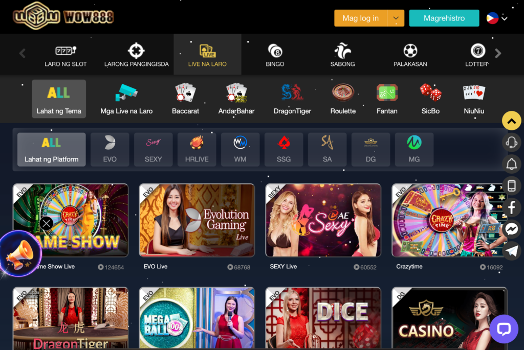 a screenshot of wow888- an online casino live site.